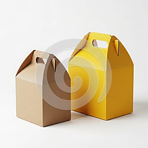 Two takeout boxes, one brown, one yellow