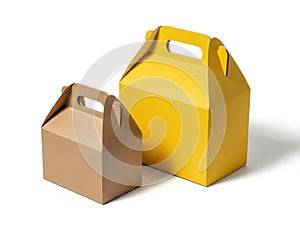 Two takeout boxes, one brown, one yellow