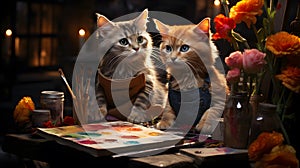 Two Talented Artist Cats Creating Masterpieces: Embracing Creativity on Canvas AI Generated