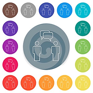 Two talking persons with rounded square bubbles outline flat white icons on round color backgrounds