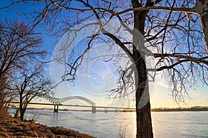 Two tall bare winter trees on the banks of the vast flowing waters of the Mississippi river at sunset with dry brush on the banks