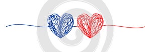 Two tangled hearts pink and blue hand drawn scribble