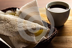 Two tapioca and a cup of coffee.