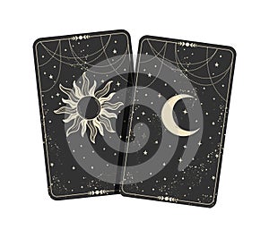 Two tarot cards with moon and stars, boho illustration for astrology, tattoos, fortune telling. Flat linear hand drawn