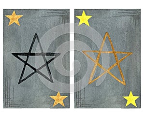 Two tarot cards with stars on gray background. Watercolor hand drawn illustration isolated on white background. Alchemy