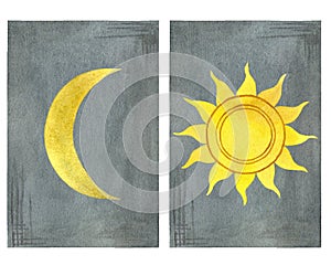 Two tarot cards with sun and moon on gray background. Watercolor hand drawn illustration isolated on white background