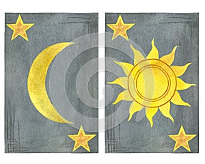 Two tarot cards with sun, moon and stars on gray background. Watercolor hand drawn illustration isolated on white