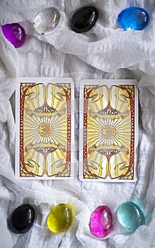 Two tarot cards on the table, choosing concept, fortune telling and esoteric predictions