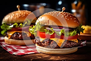 Two tasty cheeseburgers on rustic wooden table with copy space