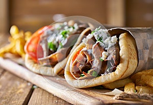 Two tasty wrapped greek lamb gyros