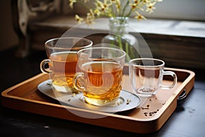 two teacups on a tray, one filled with tea, another empty