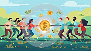 Two teams pulling rope with dollar golden coin in tug of war game for money. Illustration of business rivalry, financial