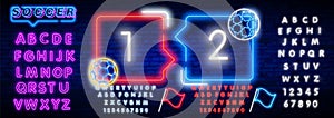 Two teams red and blue in neon style. 2022 Qatar neon icons. Football club neon sign, bright signboard, light banner