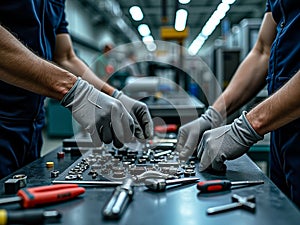Two Technicians in Blue Gloves Assembling Precision Mechanical Parts on Workshop Bench