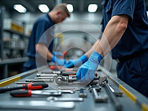 Two Technicians in Blue Gloves Assembling Precision Mechanical Parts on Workshop Bench