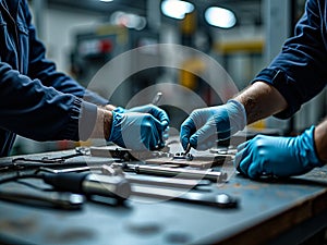 Two Technicians in Blue Gloves Assembling Precision Mechanical Parts on Workshop Bench