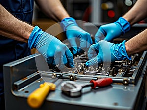 Two Technicians in Blue Gloves Assembling Precision Mechanical Parts on Workshop Bench