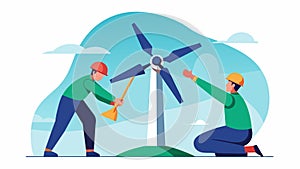Two technicians carefully dismantling a damaged wind turbine blade and replacing it with a new one.. Vector illustration