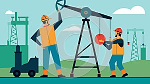 Two technicians lowering a new pump into an oil well carefully guiding it into place.. Vector illustration. photo
