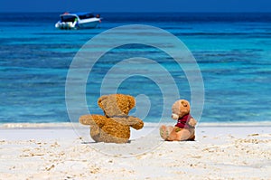 Two TEDDY BEAR brown color sitting on the beautiful beach with b