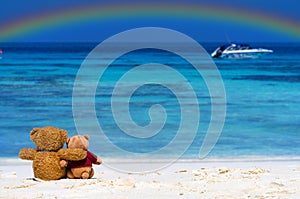 Two TEDDY BEAR brown color sitting on the beautiful beach with r