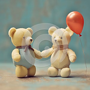 Two teddy bear, holding hands and heart shape balloon. Love, baby, friendship concept.