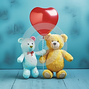Two teddy bear, holding hands and heart shape balloon. Love, baby, friendship concept.