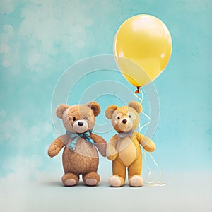 Two teddy bear, holding hands and heart shape balloon. Love, baby, friendship concept.
