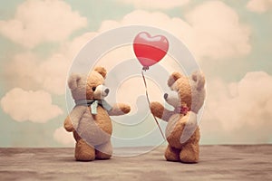 Two teddy bear, holding hands and heart shape balloon. Love, baby, friendship concept.