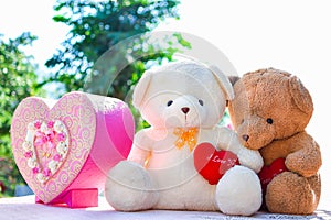 Two teddy bears hold heart shaped sitting on the table with nature background.