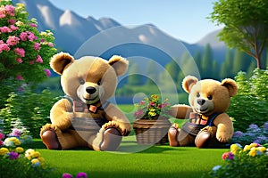 Two teddy bears sitting in a beautiful garden. Generative AI
