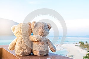 Two teddy bears sitting sea view. Love and relationship concept. photo