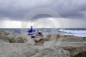 Two teddy bears looking at stormy sea