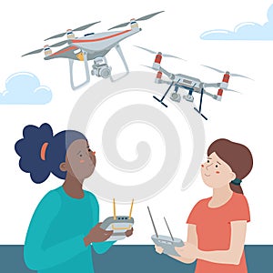 Two teen girls playing with drones outdoors