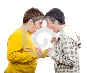 Two teenage boys screaming at each other photo