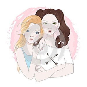 Two teenage girls best friends vector illustration