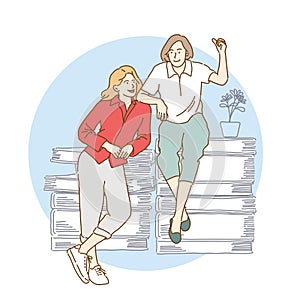 Two teenage girls sit on stacks of books, illustrator design and isolated background