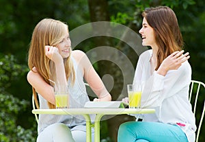 Two Teenage Girls Using Digital Tablet In Outdoor cafe