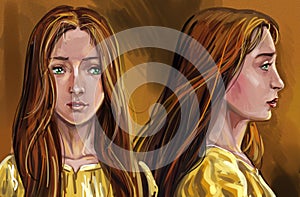 two teenage tween sisters artistic portrait sketch illustration