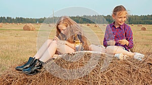 Two teenager girl relaxing on haystack at harvesting field in countryside. Young girl and boy teenager resting on hay