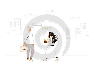 Two teenagers meeting on the street. Young friends standing with phones. Vector color line illustration