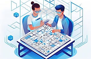 Two teenagers solve a Japanese Sudoku crossword puzzle, illustration on a white background