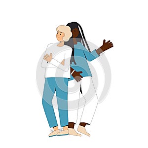 Two teenagers standing together. Young male amd female friends wearing in casual clothes. Pair standing back to back. Vector line