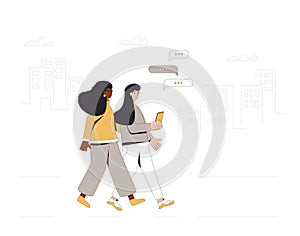 Two teenagers walking through the streets together. Young female friends wearing in casual clothes with phone. Pair. Vector line