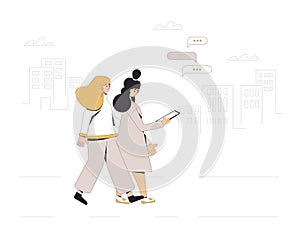 Two teenagers walking through the streets together. Young female friends wearing in casual clothes with phone. Pair. Vector line