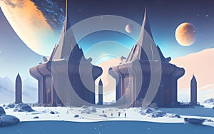 Two temples on winter fantasy planet somewhere in the universe.Generative Al Illustration