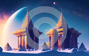 Two temples on winter fantasy planet somewhere in the universe.Generative Al Illustration