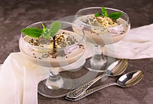 Two tender banana mousses decorated with mint and chocolate chips.