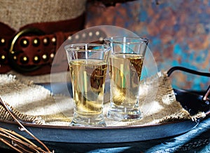 Two tequila Shots on Vintage Tin Tray