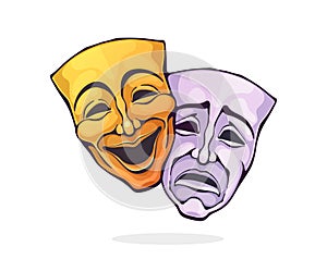 Two theatrical comedy and drama mask. Bipolar disorder symbol. Positive and negative emotion. Film and theatre industry